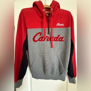 ROOTS Unisex Red and Gray Hoodie. Size Large